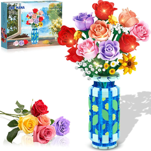 CUBIMANA Roses Flowers Building Set with Vase & LED Light, for Her,