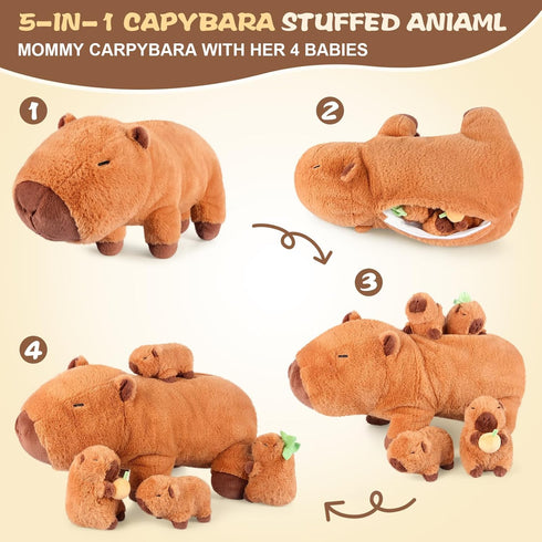 5-in-1 5Pcs Set Mommy 4 3 8 SuzziPals Capybara Stuffed Animals with Babies Inside, Capybara Plush with & Babies, Soft