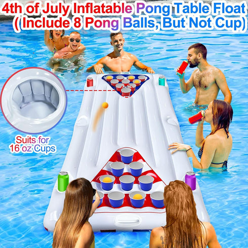 2 1 8 6x3 4th Summer in American Flag Pool Float & Pong Game Table with Balls, Ft Patriotic Inflatable Lounger