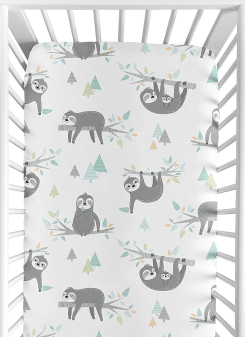 Sweet Jojo Designs Unisex Blue and Grey Jungle Sloth Leaf Fitted Crib Sheet for Baby Toddler Nursery - Turquoise, Gray,