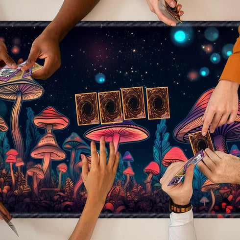 TCG Playmat Board Game Mat, Plus 50 Pcs Card Sleeves, 24 x 14 Neon Mushroom Game Mousepad with Soft Surface