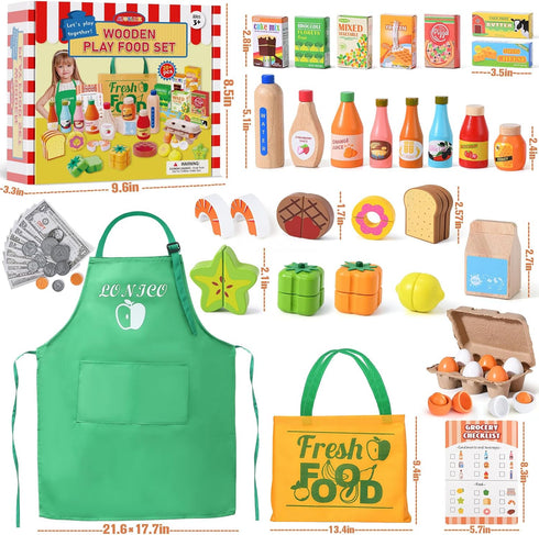 3 4 5 6 Lonico Wooden Play Food Toys for Kids, Market Grocery Store Toys with Snack & Shopping Bag & Apron