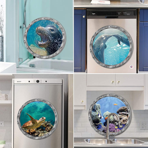 4 PCS Removable 3D Under The Sea Wall Decals, Animals Wall Sticker Home Decor for Bathroom & Kids Nursery Room