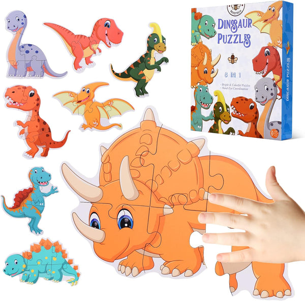BEESTECH Beginner Dinosaur Puzzles, 8 Pack Educational Jigsaw Puzzles for 2-4 Year Old Toddlers with Dinosaur World Map