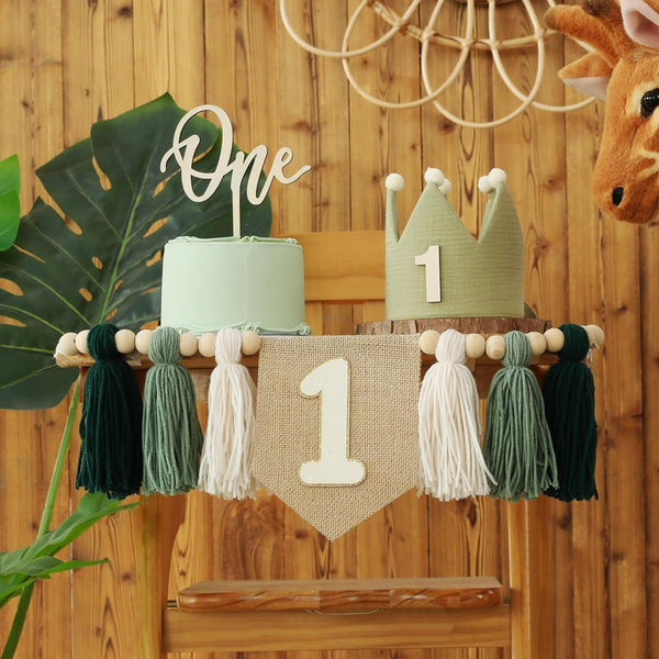 Set Wooden Bead Tassel Garland High Chair Decoration with Crown Hat and Cake Topper