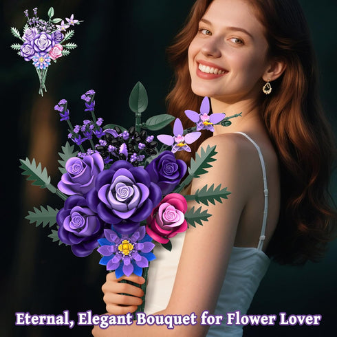 Ciesa Sets, 834PCS Purple Roses Flower Bouquet Building Artificial Flowers Botanical Collection Compatible with Lego
