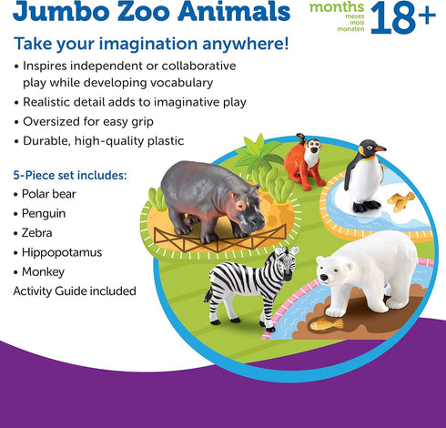 Jumbo Zoo Animals I Monkey, Penguin, Zebra, Polar Bear, Hippo, 5 Animals, Ages 2+ by Learning Resources