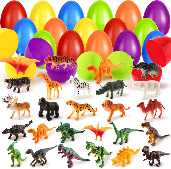 Shemira 24 Pack Easter Eggs Filled with Animal Dinosaur Toys, Easter Basket