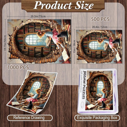500 Vintage Book Jigsaw Puzzles Pieces for Adults Bookshelf Jigsaw Puzzles Readers and Cat Book Wooden Puzzle
