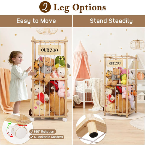 5-Row Edudif Stuffed Animal Storage Zoo, Wooden Stuffed Animal Organizer with Removable Wheels & Elastic Cords