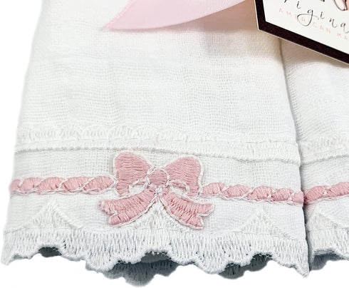 Set (2)) MEG ORIGINAL Baby Burp Cloth - Heirloom Collection - Handmade in The USA (Pink Bows on Cotton
