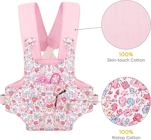 GAGAKU Baby Doll Carrier - Stuffed Animal Carrier for 12 to 24 Inch Reborn Dolls - Adjustable Straps, Pink Flowers