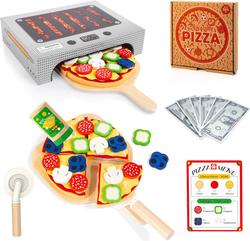 WOODMAM Pizza Toy Set, Montessori Realistic Play Food with Oven Box, Educational