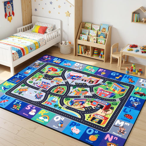 Rogara Car Rug Playmat, City Road Map Kids Rug, Educational Learning Play Mat, Soft Non-Slip Machine Washable ABC