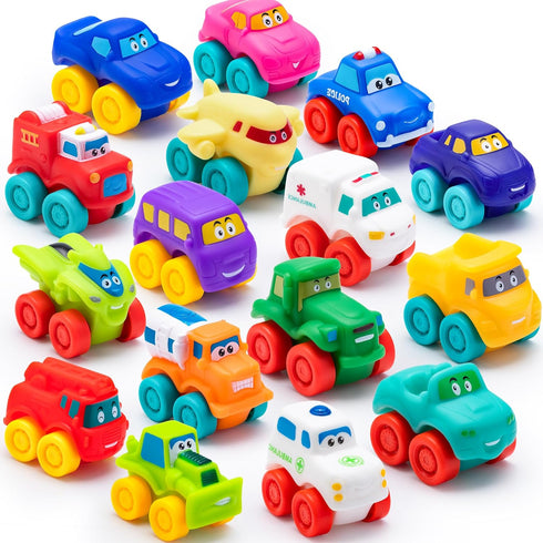 JOYIN Cartoon Cars, Soft Rubber Toy Car Set, Mini Vehicles, Bath Toy