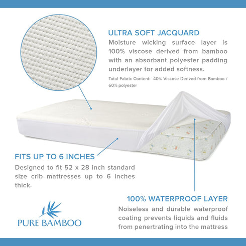 52x28x6 inch Bamboo Crib Mattress Protector by Pure Bamboo, Waterproof - Breathable, Noiseless Mattress Cover Pad