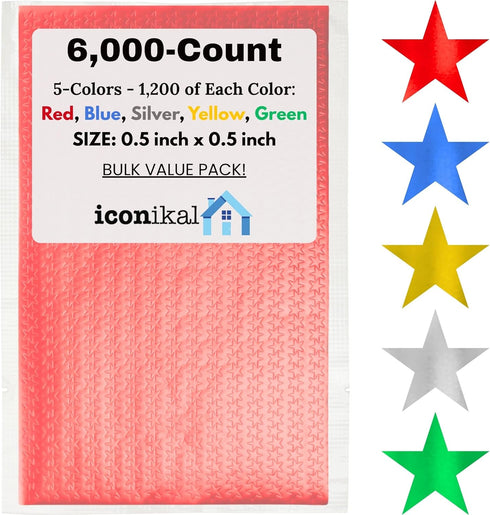 Iconikal 6,000-Count Bulk Metallic Foil Reward Stars Stickers in Blue, Red, Silver, Gold, Green