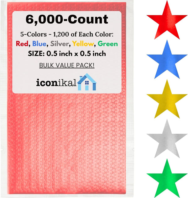Iconikal 6,000-Count Bulk Metallic Foil Reward Stars Stickers in Blue, Red, Silver, Gold, Green