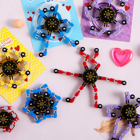 28 Packs 4-Design JOYIN Valentines Day Gift Cards with Fidget Spinners, DIY Chain Robot Fingertip Toys, Deformable