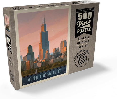 MyPuzzle Chicago Skyline - Lake Michigan Vintage Poster, Premium 500 Piece Jigsaw Puzzle for Adults