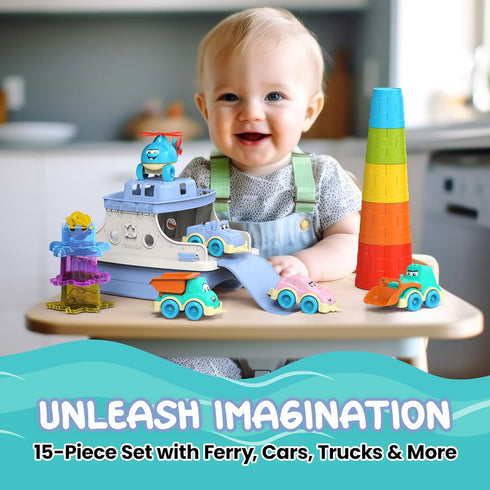 utoyz 15pcs 1 Ferry Fun & Friends & Baby Bath Toys with Ferry Boats, Cars for Bathtub, Trucks, Helicopter, Stacking