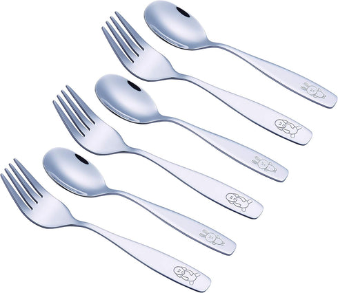 Exzact Children Flatware 6pcs - 3 x Forks, 3 x Spoons - Toddler Utensil Kids Silverware Cutlery Stainless Steel - Dishwasher Safe by Exzact