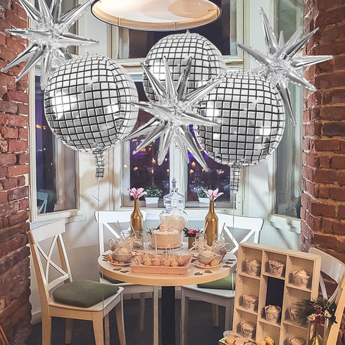 OuMuaMua 9pcs Disco Ball Balloons for 70s Disco Party Decor, 22 Inch Large 4D Metallic Silver Balloons with Stars