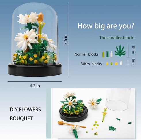 YaJie Flower Bouquet Building Set - White Daisy Blocks for Adults, Unique Botanical Home Decor (490 PCS)