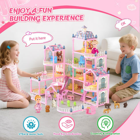 randhar 4-Story 15 2 3 4 5 6 7 8 9 10+ Doll House for Girls, Dream Dollhouse Rooms with Dolls, Lights, Animals