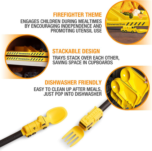 Set 3PC Dinneractive Dining For Kids - Yellow Firefighter Dinnerware - Fire Truck Utensils - Toddler Plates - Baby