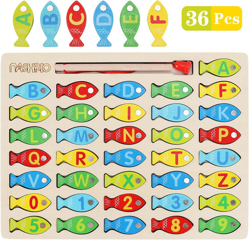 Magnetic Wooden Fishing Game Toy for Toddlers, Alphabet Fish Catching Puzzle for Preschool Learning ABC Math