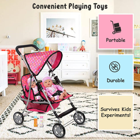 Twin Baby Doll Stroller - Toy Stroller with Storage Basket for Baby Doll Accessories, Polka Dot Design, Folds Easily