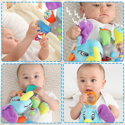 Multifunctional Luminous Plush Elephant Baby Music Toy, 12 Songs and Nature Sounds, Teething Toy for Car Seats and Cribs