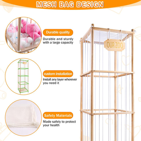 GRETJOB 70x16.5x16.5 Inch 220+ Extra Large Stuffed Animal Storage Organizer with Wheels & Mesh Pockets - Wooden Corner
