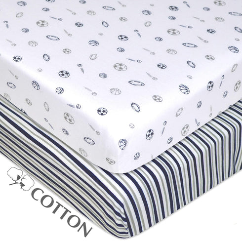 American Baby Company 2 Pack 100% Natural Cotton Fitted Pack and Play Sheets, Navy/Grey Sport Stripes