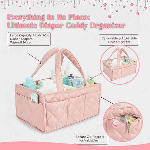ZONZEE Baby Diaper Caddy Organizer with Zipper Pockets & Dividers Portable Nursery Storage Basket for Diapers, Wipes