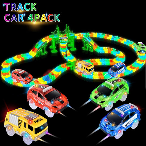 Replacement Toy Cars for Magic Tracks, Glow in The Dark, Racing Car Track Accessories with 5 LED Lights, 4 Pack