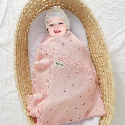 mimixiong Cotton Baby Blanket Knitted Crochet Receiving Crib Nursery Swaddling Blankets for Newborn Baby Boy Girl Pastel Pink 30x40 Inch (Pack of 1)… by mimixiong
