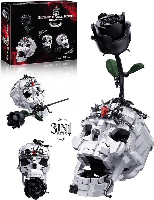 ONIMISC Skull Black Rose Flower Building Set, 3 in 1 Gothic Horror Decor