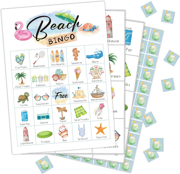 Beach Bingo Cards - Summer Birthday Party Game for 24 Players, Outdoor & Indoor Family Travel Activity