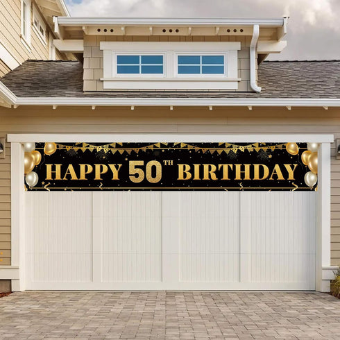 Large Black and Gold Happy 50th Birthday Decoration Banner, 50th Birthday Party Supplies Sign, 9.8x1.6ft