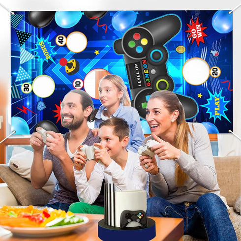 Video Game Toss Games: Level Up Game Controller Banner Backdrop with 3 Bean Bags for Kids - Blue Gaming Party Supplies