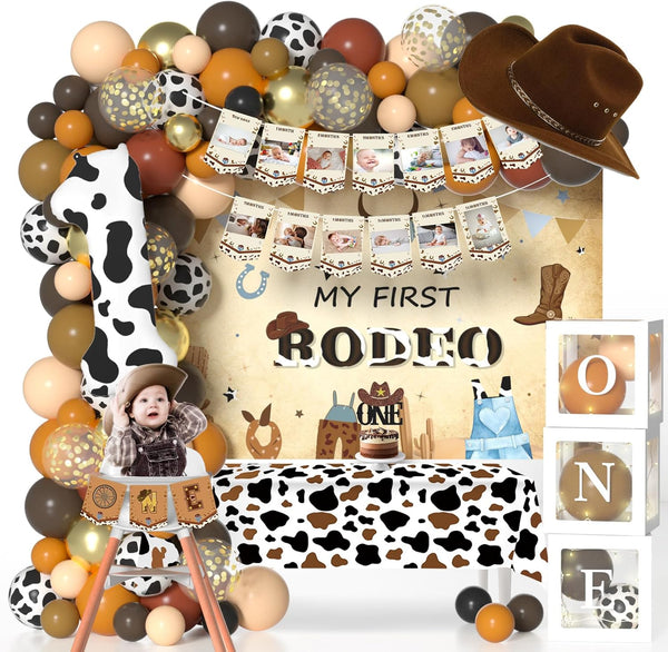 Western Cowboy 1st Birthday Decorations with Cowboy Balloons Arch, Number 1 Balloons,