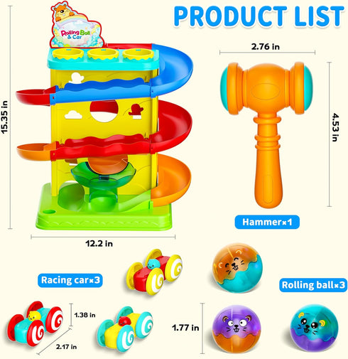2-in-1 Hammer 1 2 3 4 5+Year Funwee Rolling Ball & Racing Car Ramp Toy for Toddlers, Race Track Lights Ball Drop