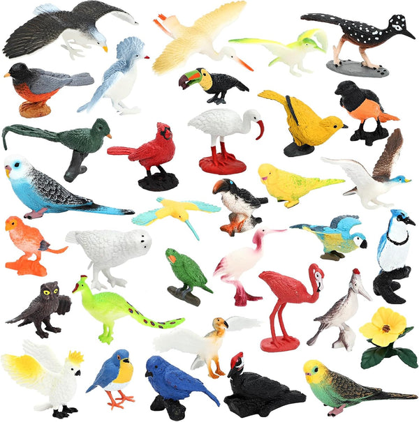 ONEST 34 Pieces Mini Bird Figurines Playset - Hand Painted Realistic Resin Bird Figures for Kids