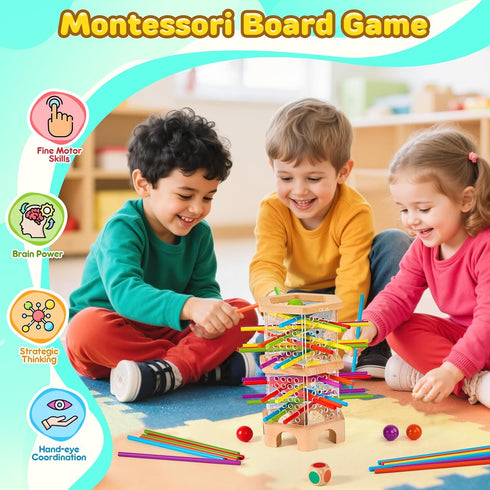 WhimsiPlay 42 3 4 5 6 Counting Montessori Wooden Board Game, Colorful Sticks Dice Games for Kids Years, Math Learning