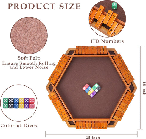 1-6 Shut The Box Dice Game - Vintage Style Wooden Board Game for Players, Fun Family Classroom Home Party & Pub
