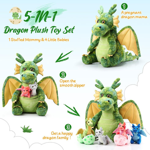 7 Set 15.75" 4 2 Mommy's Arrowbash Pcs Dragon Plush Toys Gift Large Dragon Mom Stuffed Animal with Cute Babies and Eggs