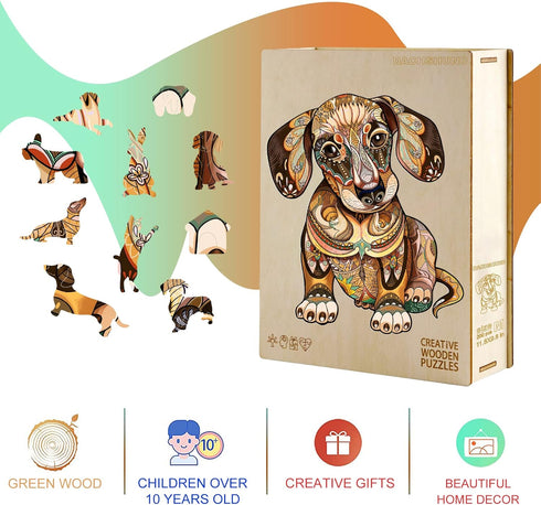 KAAYEE Wooden Jigsaw Puzzles - Dachshund Unique Shape Advanced Animal Puzzle, Best Gift for Family, 200pcs