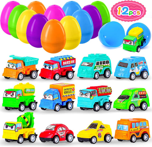 MGparty 12 Pack Prefilled Easter Eggs with Car Toys for Kids Toddlers Bulk